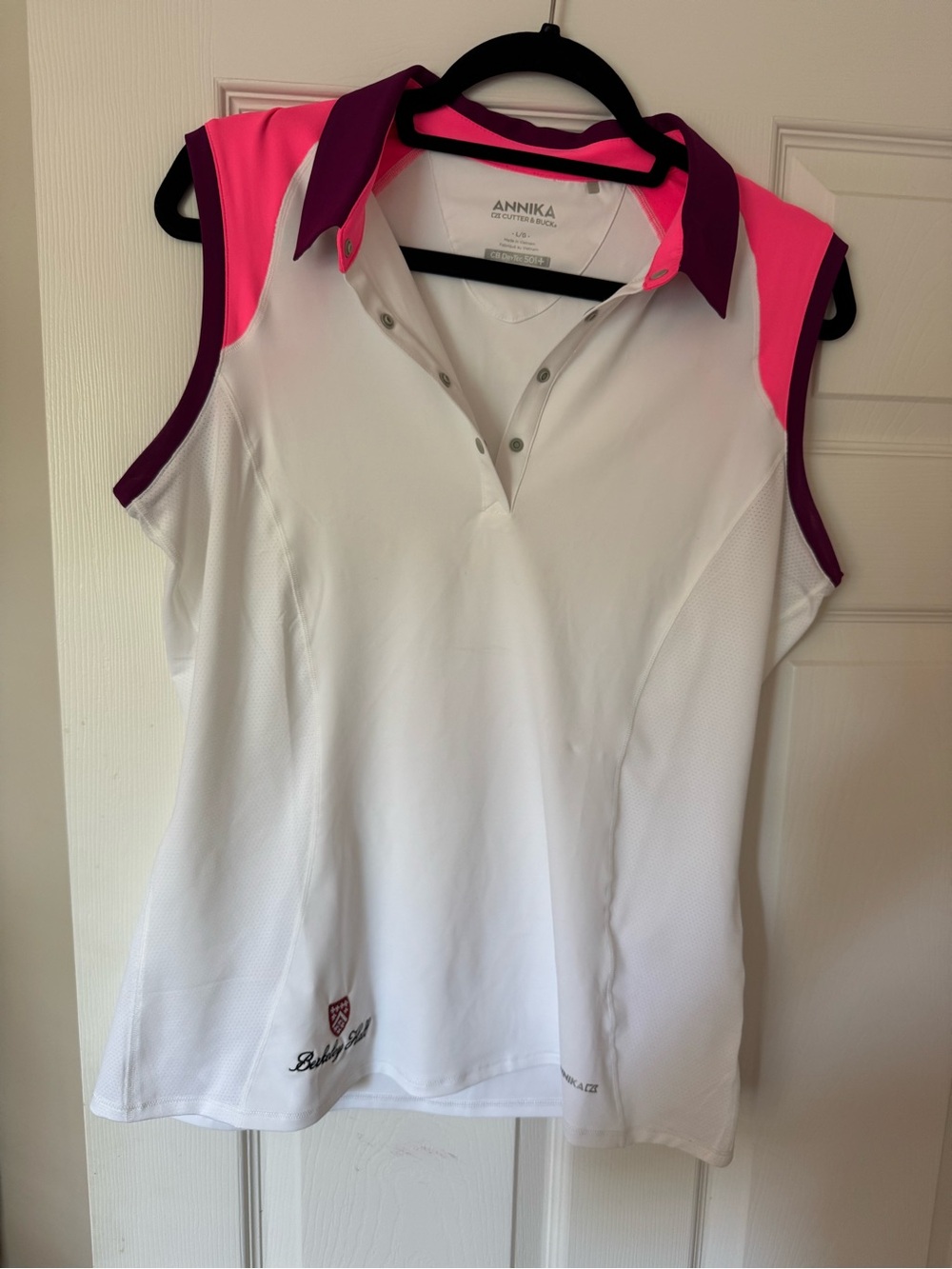 Annika Sleeveless Polo Top in White with Pink & Purple Accents